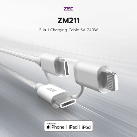 สายชาร์จไนลอนถัก  ZTEC ZM211 2 IN 1 สีขาว MFI 5A 240W USB-C TO USB-C & LIGHTNING_1